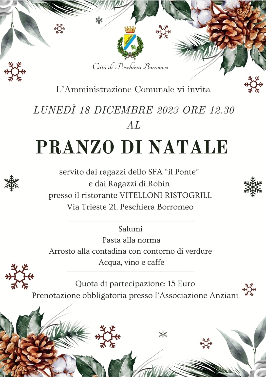 Torna il tradizionale Pranzo di Natale rivolto agli anziani