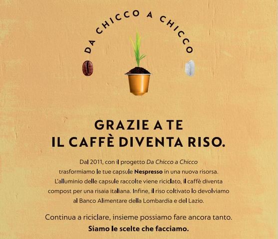 Nuova modalità di raccolta differenziata delle cialde caffè Nespresso - iniziativa “Da Chicco a Chicco”